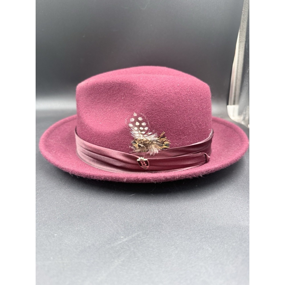 Bruno Capelo  Fedora Hat Burgundy Feather Accent Lined Size Large